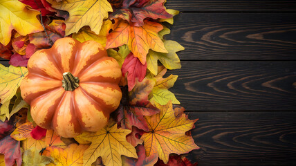Beautiful autumn arrangement of colorful yellow, orange and red autumn leaves and orange pumpkin on dark brown wooden background. 