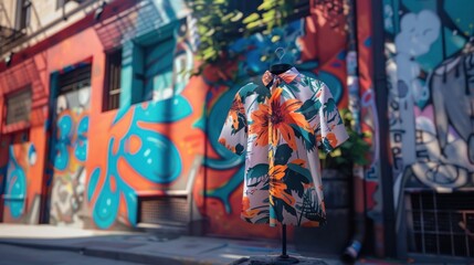 Fototapeta premium A white floral patterned shirt on a mannequin in an urban alleyway.