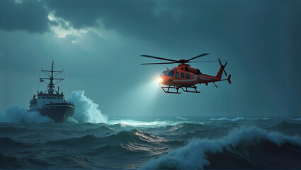 Fototapeta premium Rescue and supply helicopter for assistance in emergencies on the high seas in stormy waves, emergency air rescue in the event of accidents