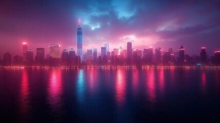 Fototapeta premium futuristic neon-lit cityscape at night, showcasing towering skyscrapers and vibrant lights in a panoramic view, embodying the essence of a bustling metropolis alive with energy and innovation