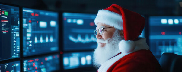 Santa Claus managing real time shipping data through screens, interacting with global partners, seamless Christmas logistics and networking