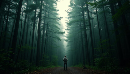 Person standing in a misty forest surrounded by tall evergreen trees