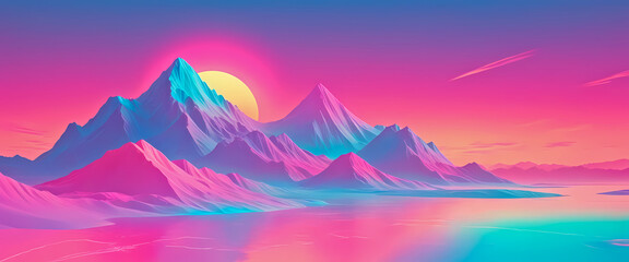  Iridescent Neon Pastel ,Sun ,Mountains,Background with Holographic Vaporwave Gradient 