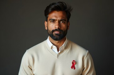 Obraz premium Serious Indian Man in Light Sweater with Red Ribbon on Chest, Symbolizing Hope and Care in the Fight Against AIDS