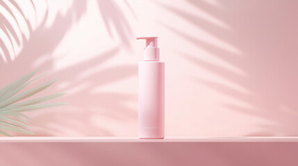 A minimalist pink cosmetic bottle is displayed against a soft pink background, accented by gentle...