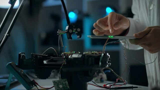 A technician carefully examines and repairs a robotic device using a tablet in a modern laboratory. The dimly lit environment features illuminated equipment, emphasizing intricate technology