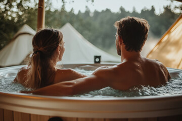A couple relaxes together in a hot tub amidst a serene outdoor setting, enjoying a peaceful moment with nature in the background.