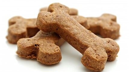 Fototapeta premium Close-up of four bone-shaped dog treats on a white background.