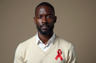 An African man wearing a light sweater and looking intently at the camera, with a small red ribbon on his chest as a powerful emblem of awareness, hope, and resilience in the fight against AIDS.