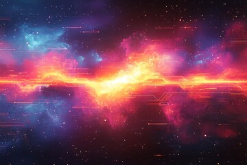 Abstract digital background with glowing lines and nebulae.