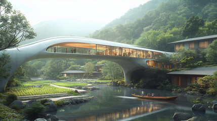 Futuristic Bridge Architecture in Serene Green Valley