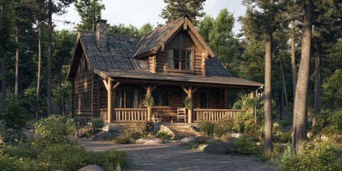 Rustic Log Cabin in the Woods with Stone Pathway
