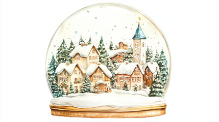 A beautifully illustrated snow globe featuring a charming winter village with snow-covered rooftops and evergreen trees.