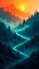 Obraz premium A winding river flowing through a lush, misty forest landscape with tall pine trees and a vibrant orange sky in the background