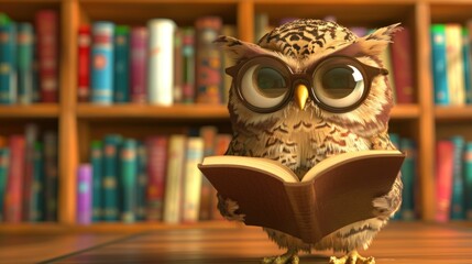 A cute cartoon owl wearing glasses reads a book in front of a bookshelf full of books.