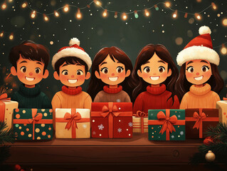 group of friends celebrate in christmas party, illustration style, Generative AI