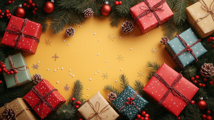 christmas background with gift boxes and christmas tree with copy space, Generative AI