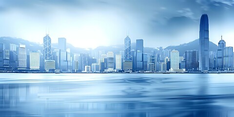 A serene city skyline reflected in water, showcasing modern architecture and a tranquil atmosphere.