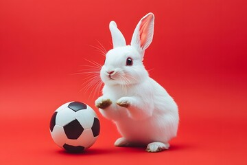 Obraz premium A playful white rabbit with large ears interacts with a soccer ball against a vibrant red background.