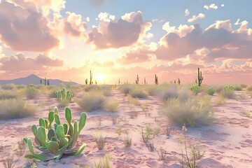 A serene desert landscape at sunset, featuring cacti and soft, colorful clouds.