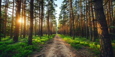 A serene forest path illuminated by sunlight, inviting exploration and tranquility.