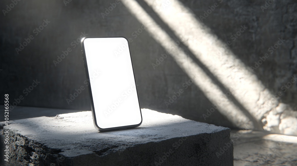 Aufkleber A sleek smartphone stands upright on rough concrete, illuminated by soft natural light from an industrial gap, creating a striking focal point in the dim surroundings.