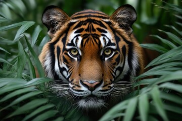 Fototapeta premium A powerful tiger peers through jungle leaves with piercing eyes, capturing the intense gaze and beauty of this majestic predator in the wild.