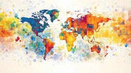 Naklejka premium A colorful world map illustration, blending vibrant shapes and hues to represent global diversity.
