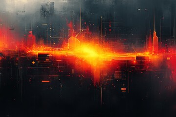 Abstract digital cityscape with glowing red and orange lights.