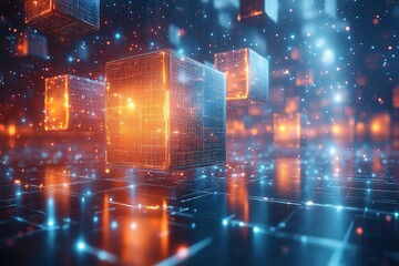 Abstract digital cubes float in a glowing network of data, creating a futuristic, techy aesthetic.