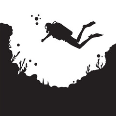 Obraz premium Scuba Diver Underwater Silhouette, Scuba diver vector, Vector scuba diver silhouettes.
