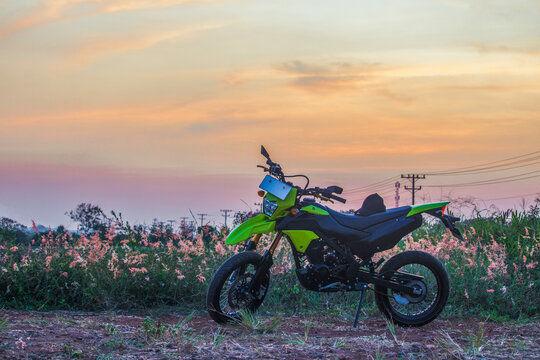 Dirt bike with hat on a patch of flowering grass (melinis repens) against the night sky