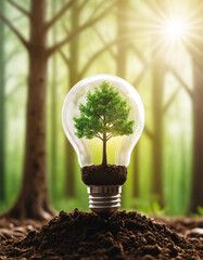 light bulb with tree planted in soil and forest landscape background green energy environmental conservation ecology concept
