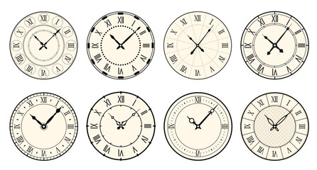 Vintage watch faces. Retro clocks with carved hour and minute arrows. Roman numerals. Antique elegant design. Round old dials. Mechanical chronometer. Vector classic timepieces set