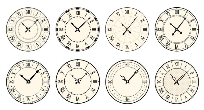 Vintage watch faces. Retro clocks with carved hour and minute arrows. Roman numerals. Antique elegant design. Round old dials. Mechanical chronometer. Vector classic timepieces set
