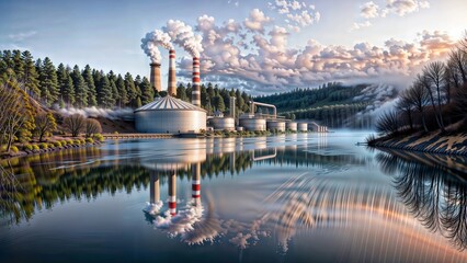 Naklejka premium Industrial Lakeside Serenity. A power plant with smokestacks emitting smoke sits by a calm lake, surrounded by lush forests and reflected in the water under a vibrant sky.