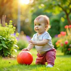 baby playing with ball in garden