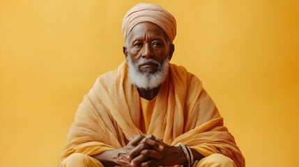 Contemplative portrait of a wise and experienced elder dressed in traditional cultural garments