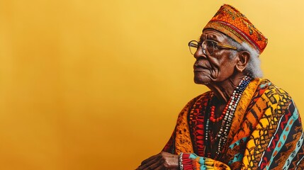 Obraz premium Wise and Experienced Elder Figure Depicted in a Thoughtful Contemplative Pose Wearing Vibrant and Culturally Significant Garments Against a Minimalist Ochre Yellow Studio Background