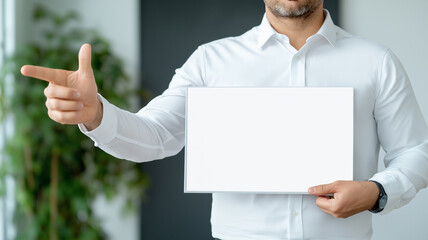 Person in white shirt holding blank signboard, gesturing for attention. Green plant softly blurred in background, focus on blank space.