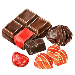 A selection of exquisite chocolates, including bars and truffles, presented against a transparent background.