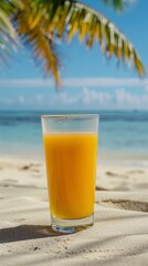 glass of orange juice on the beach.