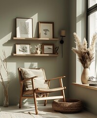 Frame mock up on Living Room, Minimalist Corner with Soft Shadows and Artistic Decor- Generative Ai