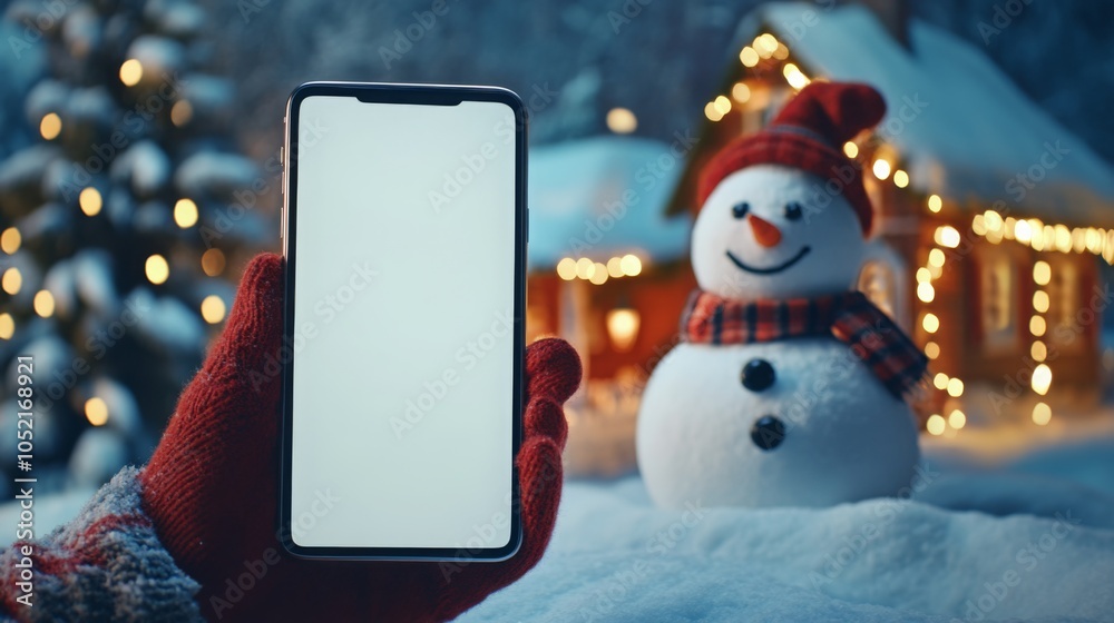 Aufkleber a hand in a red glove holds a blank smartphone in front of a cheerful snowman and a cozy cabin adorn