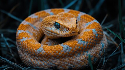 Fototapeta premium A close-up of a coiled snake with a bright orange and white pattern, with a dark background, green blades of grass, and a focused gaze.