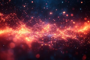 Abstract digital network with glowing particles and lines in a dark blue and red background.