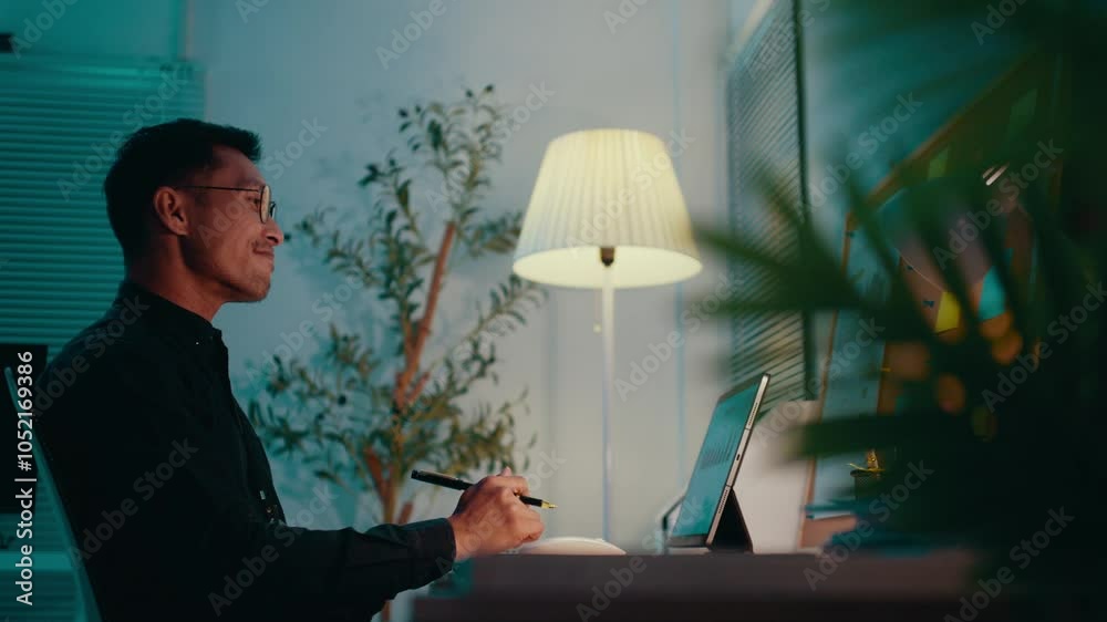 Poster young businessman working late in a home office, taking notes on a tablet while managing tasks at a 