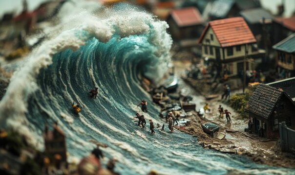 Tiny figures flee giant wave crashing on houses.