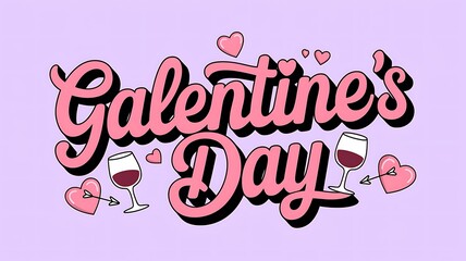 Pink Galentine's Day Text with Hearts and Wine Glasses