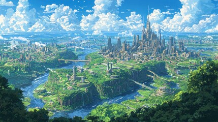 Fototapeta premium Futuristic Cityscape with Rivers and Green Landscapes
